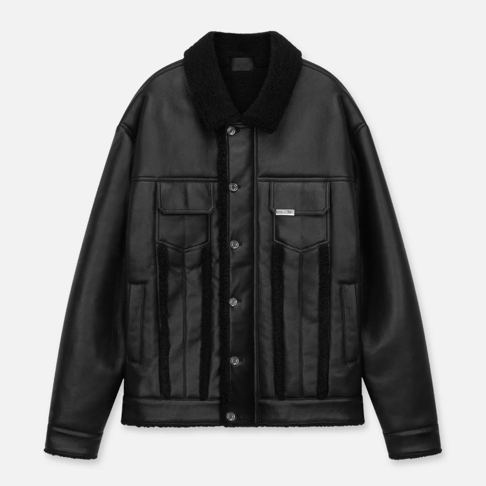 Nwt Rta Road To Awe Danny Jacket Black Trucker Leather Shearling Sz Large